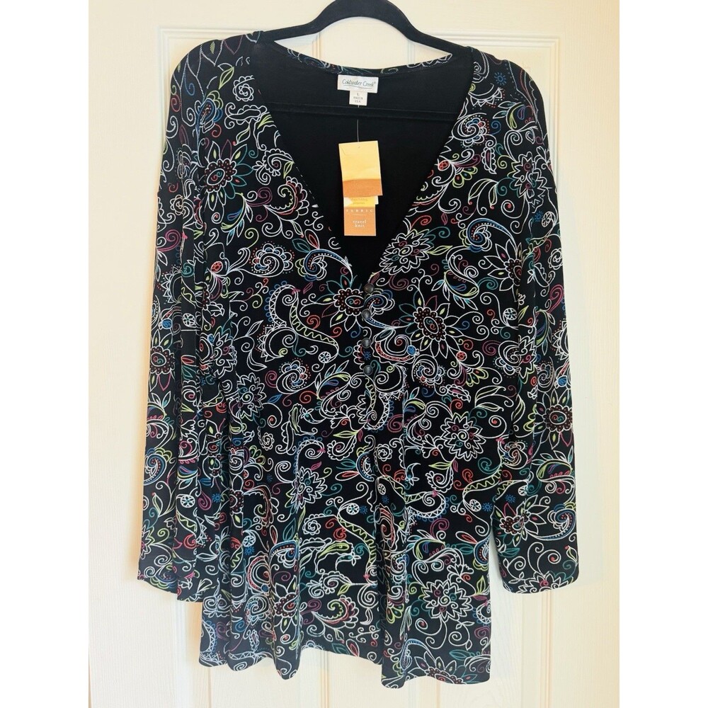 Coldwater Creek Large Jacket Top Black Slinky Travel Knit Button Colorful NWT